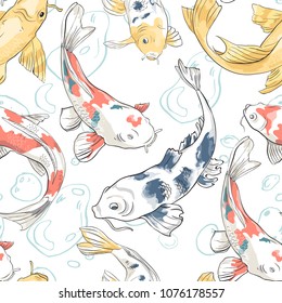 Seamless pattern with koi and bubbles in the pond Background with colorful fish