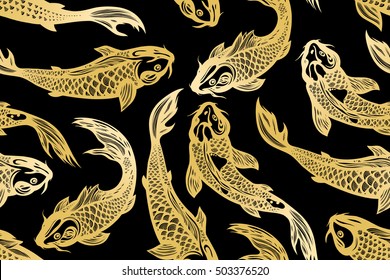 Seamless Pattern With Koi Carp Fish. Pond. Background In The Chinese Style. Hand Drawn. Vector Illustration.