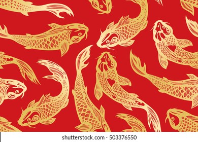 Seamless pattern with koi carp fish. Pond. Background in the Chinese style. Hand drawn. Vector illustration.