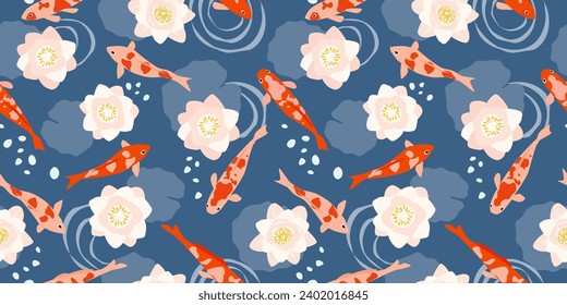 Seamless pattern with koi carp and lotus flowers, lily in water. Abstract multicolored natural print with fish. Vector graphics.