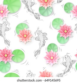 Seamless pattern with Koi carp and lotus paper flowers