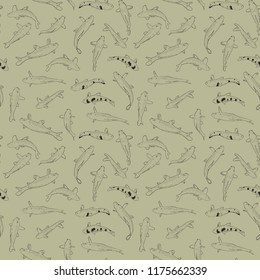 Seamless pattern Koi carp nishikigoi literally brocaded carp. Common carp that are kept in outdoor koi ponds water gardens. black outline on beige gray background sketch doodle. Vector