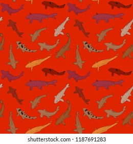 Seamless pattern Koi carp nishikigoi literally brocaded carp. Brown orange yellow Common carp that are kept in outdoor koi ponds water gardens. black outline on red background sketch doodle. Vector