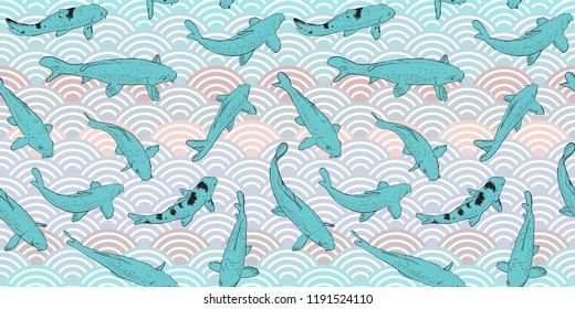 Seamless pattern Koi carp nishikigoi literally brocaded carp. Blue fish. black outline sketch doodle. azure teal pink grey lilac scales simple Nature Asian wave circle bacground. Vector