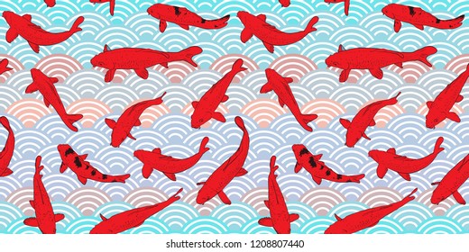 Seamless pattern Koi carp nishikigoi literally brocaded carp. Red fish. black outline sketch doodle. azure teal pink grey lilac scales simple Nature Asian wave circle background. Vector