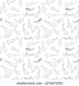 Seamless pattern Koi carp nishikigoi literally brocaded carp. Common carp that are kept in outdoor koi ponds water gardens. black outline on white background sketch doodle. Vector