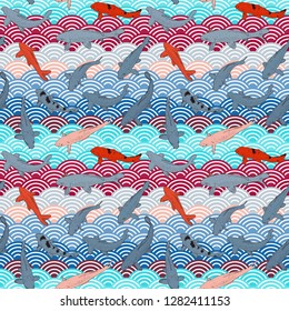 Seamless pattern Koi carp nishikigoi literally brocaded carp fish. black outline sketch doodle. Blue azure teal pink grey burgundy scales simple Nature Asian wave circle background. Vector