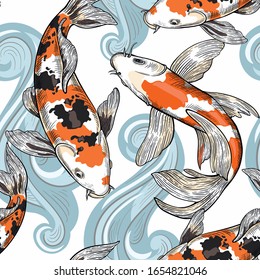 Seamless pattern with koi carps and decorative background. Vector illustrations on a white background for the design of wallpaper, fabric, posters, cards, banners and more.