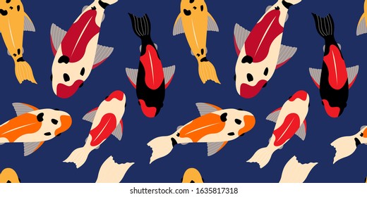 seamless pattern with koi carps of different colors floating in the water. for paper, cover, fabric, interior decor and other users