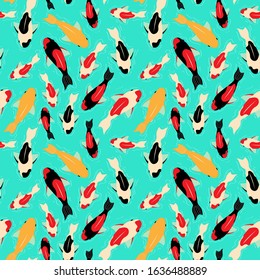 seamless pattern with koi carps of different colors floating in water. with white circles-lines on the water. bright contrasting background. for paper, cover, fabric, interior decor and other users