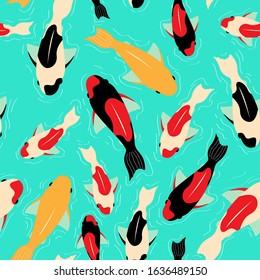 seamless pattern with koi carps of different colors floating in water. with white circles-lines on the water. bright contrasting background. for paper, cover, fabric, interior decor and other users