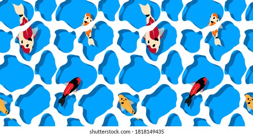 seamless pattern with koi carps of different colors splash in the water, blue breeze. marine pattern. sea water. modern abstract design for background, packaging paper, cover, fabric, card