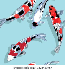 
Seamless pattern with koi carps. Fish in the pond. Multi-colored carps. Stylish pattern, Japanese pattern.