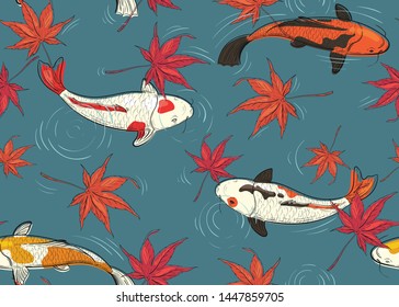 Seamless pattern with koi carps and japanese maple leaves