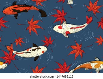 Seamless pattern with koi carps and japanese maple leaves
