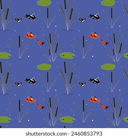 Seamless pattern with koi fish.  Blue water Aquatic plants reeds and water lily leaves. Swimming koi fish red and black