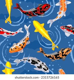 Seamless pattern with a koi fish pond. Koi carps. Seamless pattern with golden, red and black koi carps on background of water waves. For wrapping paper, scrapbooking, textile, fabric print.