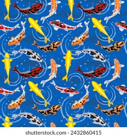 Seamless pattern with a koi fish pond. Koi carps. Seamless pattern with golden, red and black koi carps on background of water waves. For wrapping paper, scrapbooking, textile, fabric print.