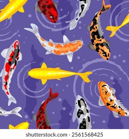 Seamless pattern with a koi fish pond. Koi carps. Seamless pattern with golden, red and black koi carps on background of water waves. For wrapping paper, scrapbooking, textile, fabric print.