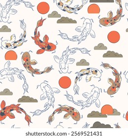 Seamless pattern with koi fish, sun and clouds, modern illustration. Pattern with hand drawn koi fish.