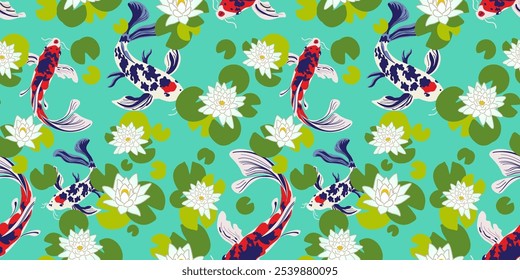 nahtloses Muster mit Koi Fisch und Seerosenblumen im Doodle-Stil in Vektorgrafik. Element für Dekor Postkarte Poster Design Druck Tapete Verpackung Hintergrund Textil