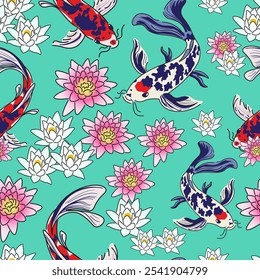 padrão sem costura com koi peixe e flores de lírio de água em estilo doodle no vetor. elemento para decoração postcard design impressão papel de parede de envoltório fundo têxtil