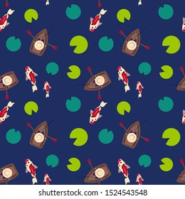 Seamless pattern with koi fishes and fisherman on blue background. Japanese and Chinese carps with lilies