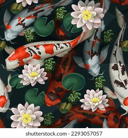 Seamless pattern with koi fishes and lotus. Vector