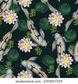 Seamless pattern with koi fishes and lotus. Vector
