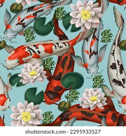 Seamless pattern with koi fishes and lotus. Vector.