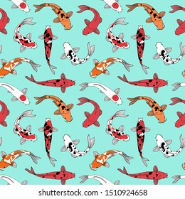 Seamless pattern with koi fishes on blue background. Japanese and Chinese carps.