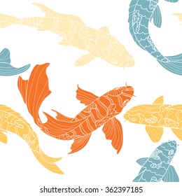 Seamless pattern of koi. Hand drawn graphic swiming fishes with doodle ornament. 