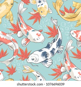 Seamless pattern with koi and maple in the pond Background with colorful fish and leaves