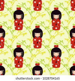 Seamless pattern with kokeshi doll in oriental style