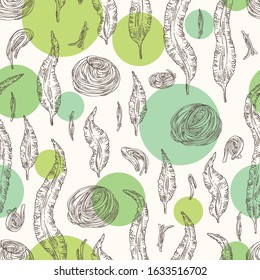 Seamless pattern with kombu: kombu seaweed, sea kale. Laminaria japonica. Brown algae. Edible seaweed. Vector hand drawn illustration.