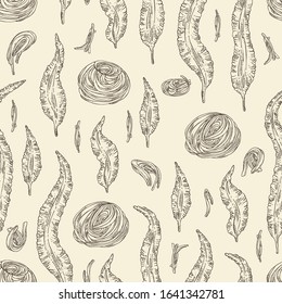 Seamless pattern with kombu: kombu seaweed, sea kale. Laminaria japonica. Brown algae. Edible seaweed. Vector hand drawn illustration.