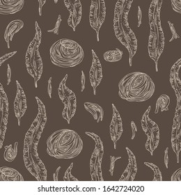 Seamless pattern with kombu: kombu seaweed, sea kale. Laminaria japonica. Brown algae. Edible seaweed. Vector hand drawn illustration.