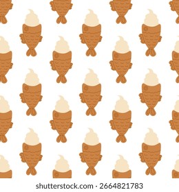 Patrón sin fisuras. Gofre de pescado bungeoppang coreano con helado. Ilustración plana de Vector.