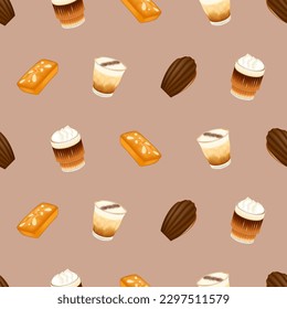 seamless pattern of korean cafe and bread, beige background