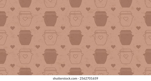 Seamless pattern with korean earthenware pots in mocha mousse color, clay onggi for traditional food. Vintage background with antique ceramic utensil from Korea. Vector illustration with paper texture