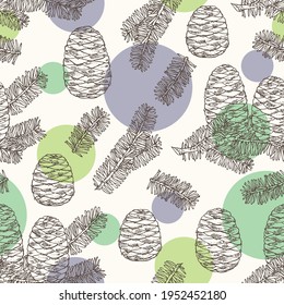 Seamless pattern with korean fir: branch of korean fir with abies koreana cone. Cosmetics and medical plant. Vector hand drawn illustration.