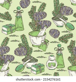 Seamless pattern with korean fir: branch of korean fir, abies koreana cone and bath salt, soap and beauty products. Crataegus berries. Cosmetic, perfumery and medical plant. Vector hand drawn ill