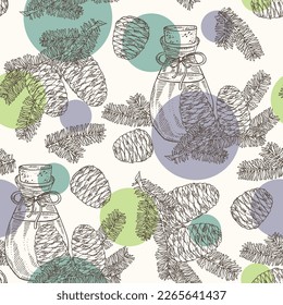 Seamless pattern with korean fir: branch of korean fir with abies, koreana cone and bottle of korean fir essential oil. Cosmetic, perfumery and medical plant