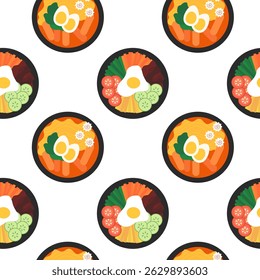 Patrón sin fisuras, comida coreana. Bibimbap, ramen. Cocina asiática. Ilustración plana de Vector.