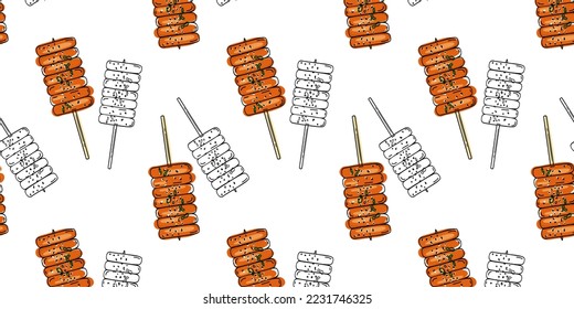 Seamless pattern with Korean food Teokbokki. Korean rice cake stick in spicy sauce. Tteokbokki. Doodle vector illustration