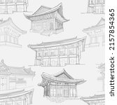 Seamless pattern with korean palaces, tradition houses hanok. 