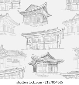 Seamless pattern with korean palaces, tradition houses hanok. 