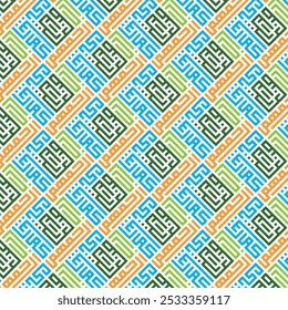 Seamless Pattern kufic square arabic calligraphy of a verse from chapter Al-Isra ( The Night of Journey ) from the Quran. Simple modern background texture. Repeat geo design