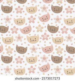 Seamless Pattern Kute cats and flowers kawaii