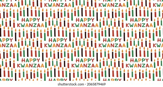 Seamless pattern for Kwanzaa with text Happy Kwanzaa and candles. African American ethnic cultural holiday. Colorful bright background for greeting card, invitation, wrapping paper